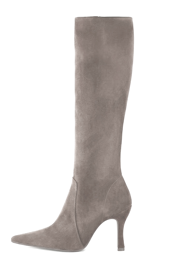 Handcrafted women's comfortable and elegant custom-made formal knee-high boots in bronze beige premium leather. High spool heels. Pointed toe. Perfect for elevated everyday style. 
                Choose from our luxurious collections of leather and fabric to perfectly match your knee-high boots to your outfits. - Florence KOOIJMAN